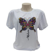 Camiseta Borboleta Colorida T-shirt Feminina Estilosa Branca
