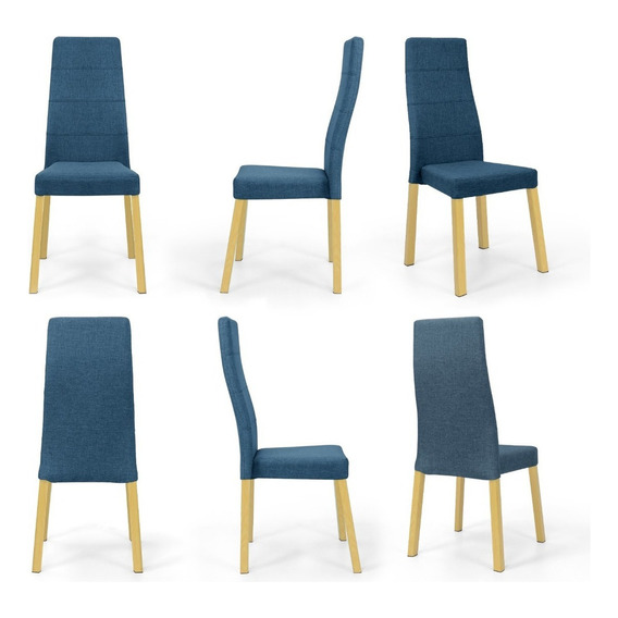 Set De Sillas Cairo X6 - Tela Poliéster Estructura De La Silla Pino Natural Asiento Azul