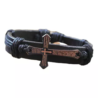 Pulsera Cuero Cruz Padre Nuestro Manilla Hombre Mujer +envio