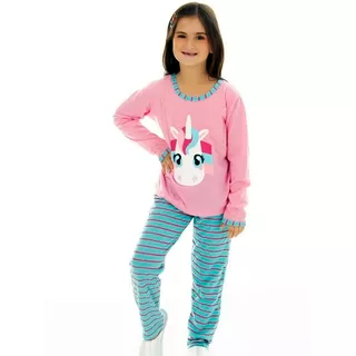 1x Pijama Unicórnio Infantil Longo Fechado Feminino Inverno