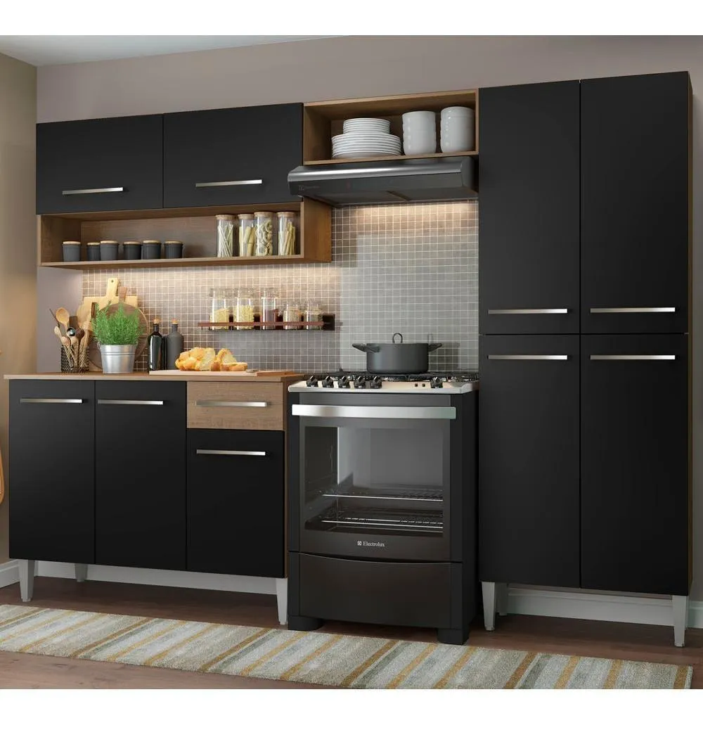 Armário de cozinha modulada completa compacta Emilly pop com armário e balcão cor rustic/preto