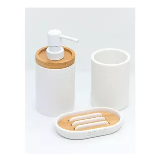 Set De Baño Jabonera Vaso Dispenser Poliresina Blanco-bambu