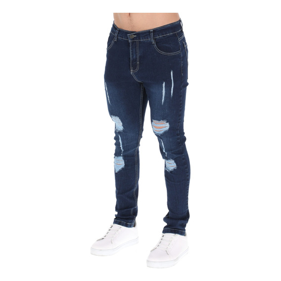 Jeans Para Hombre Oscuros Rasgados De Moda Stretch Skinny