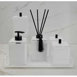 Kits De Acessórios Para Banheiro Organiza Acrílic Quadritti Quadrado Branco Com Preto X 6