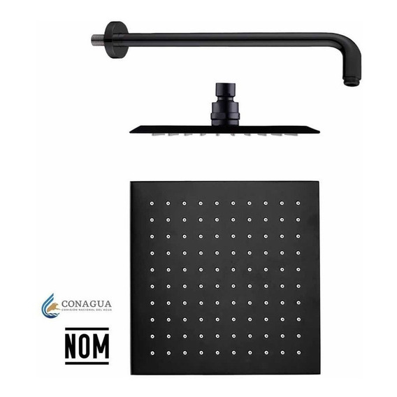 Regadera Cuadrada 20cm Negra Acero Inox Con Tubo 50cm Meer Color Negro