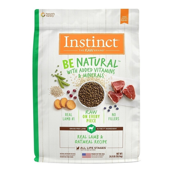 Alimento Instinct Be Natural para perro adulto todos los tamaños sabor cordero y avena en bolsa de 24lb