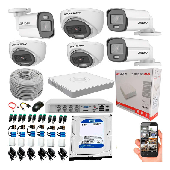 Kit Hikvision  Dvr 8 Ch+ 6 Cámaras Color Vu