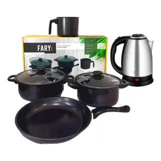 Set Ollas Basico Bateria Cocina Fary Home Pava Electrica 5p 