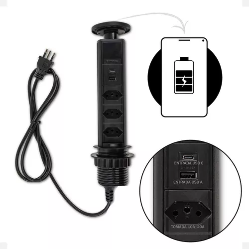 Enchufe de inducción retráctil, USB A, USB C, 3 salidas, 20 A, color negro