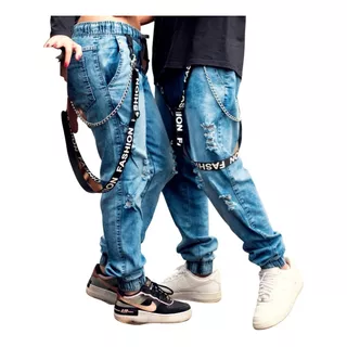 Calça Jogger Jeans Unissex Com Suspensório Corrente Inclusos