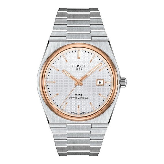 Reloj pulsera Tissot T-Classic PRX powermatic 80 de cuerpo color plata, analógico, para hombre, fondo plata, con correa de acero inoxidable color plata, agujas color oro rosa y blanco, dial oro rosa, 
