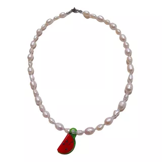 Collar De Perlas Naturales Y Cristal Murano Watermelon