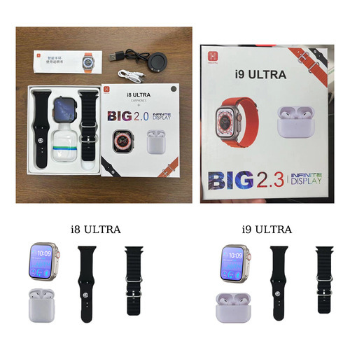 Funda para auriculares Bluetooth I8 Ultra Smartwatch TWS 2 en 1, color negro