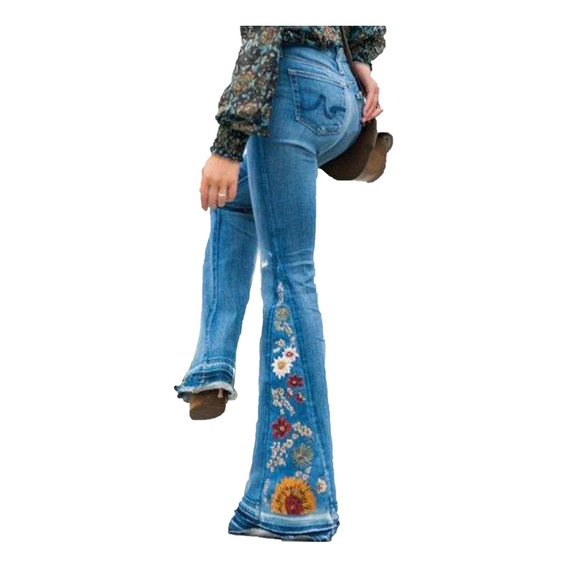 Pantalones Mujer Vaqueros Acampanados Con Bordado Floral