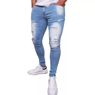 Calça Masculina Azul Destroyed Jeans Premium Lycra Skinny
