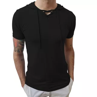 Camiseta Slim Fit Gola V Capuz Cordão Básica Manga Curta