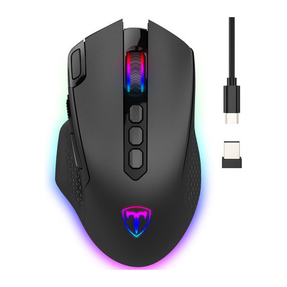 TERPORT Mouse Gamer Inalámbrico Programable S600 Con Receptor Usb Y Cable Para Juegos, 10 Botones Programables Luces RGB, 10000 dpi Y 6 Niveles Adjustables, 1000Hz Tasas de Sondeo, Tamaño Medio