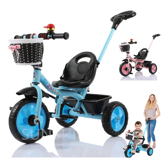 Triciclo Bebe Niños 50kg Con Cajuela Y Barra Empuje Y Pedal