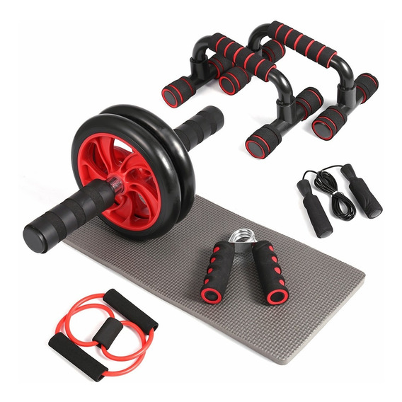 Kit Rodillo Abdominal Push-up Cuerda Ejercitador Rojo 7 En 1