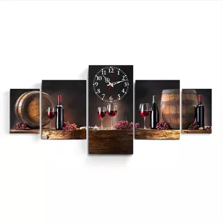 Reloje De Pared Triptico Moderno Vino Tinto Bodega Copas Uva