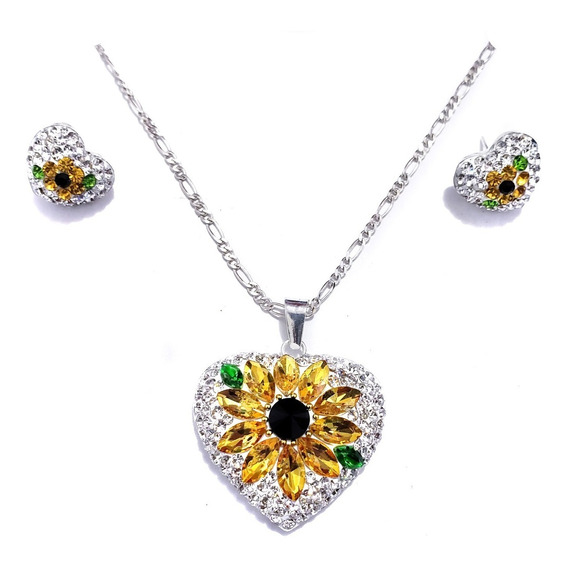 Dije Aretes Girasol Collar Swarovski En 100% Plata Ley 925