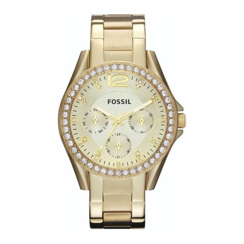 Reloj pulsera Fossil Riley con correa de acero inoxidable color oro - fondo champagne