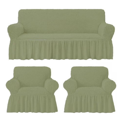 Cubre Sofa Sillón 100% Algodón Turco 3+1+1 Color Verde Claro Lisa Diseño 8