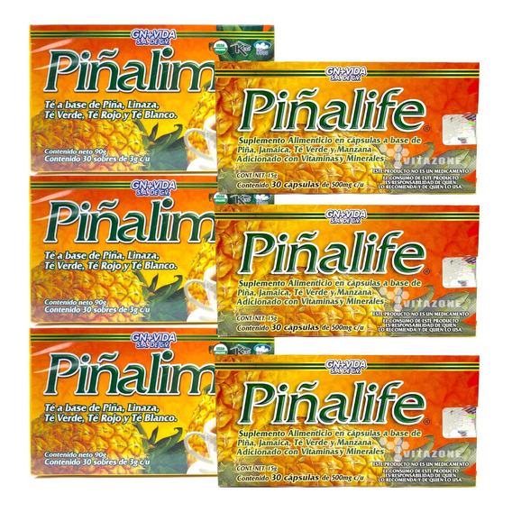 Piñaliim Té Original 3 Cajas 30 Sobres Y Piñalife 3 Cajas 30