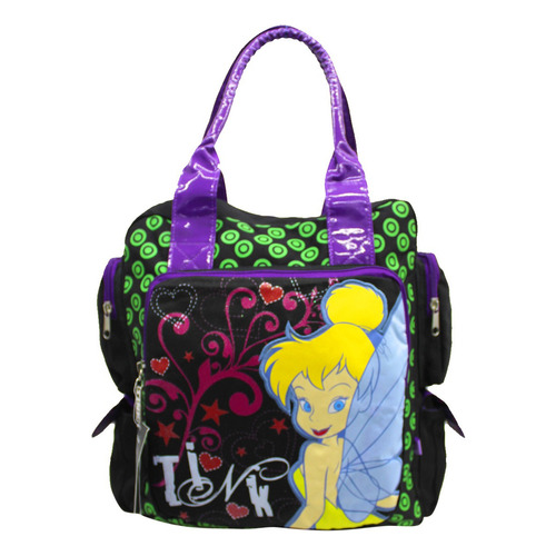 Bolsa Tote Campanita Tinkerbell Disney Acabado De Los Herrajes Otro Color Negro Correa De Hombro Violeta Diseño De La Tela Estampado