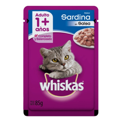 Alimento Whiskas 1+ Whiskas Gatos  para gato adulto todos los tamaños sabor sardina en salsa en sobre de 85 g