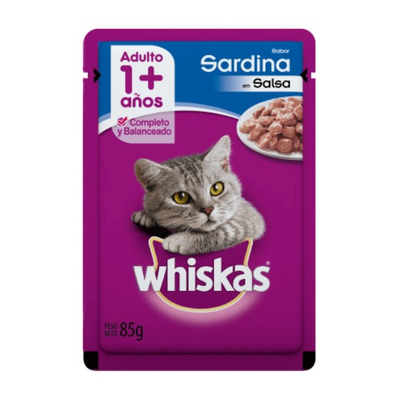 Alimento Whiskas Adultos Whiskas Gatos  para gato adulto todos los tamaños sabor sardina en salsa en sobre de 85 g