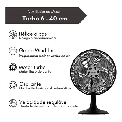 Ventilador De Mesa Turbo Premium 6 Pás 40cm 127v Ventisol