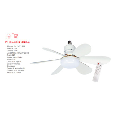 Lampara Led Con Ventilador Y Control Remoto 15w Tbcin 52 Cm Blanco Blanco Abs 6