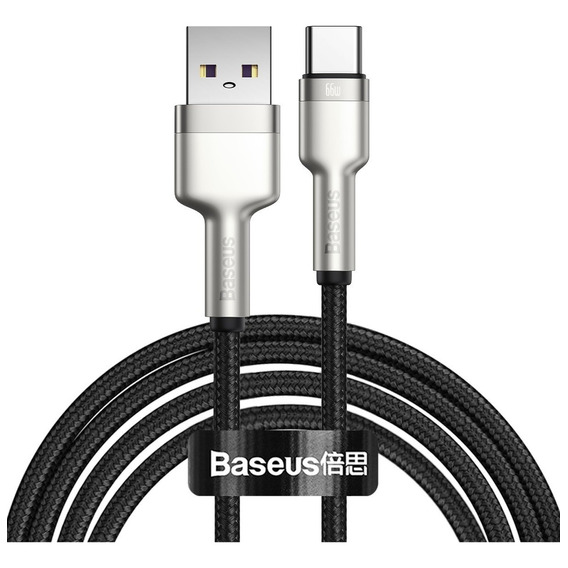 Cable USB P/Tipo-C Turbo Baseus Metal de 6 W, 6 A, nailon, 2 m, color negro