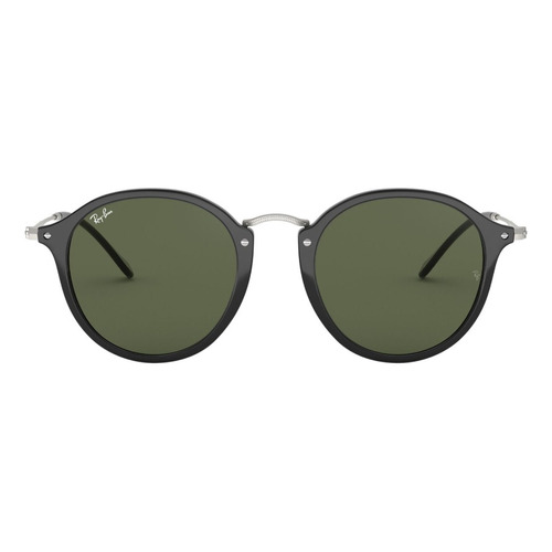 Gafas de sol Ray-Ban Round Fleck Standard con marco de acetato color gloss black, lente green de cristal clásica, varilla silver/black de metal - RB2447