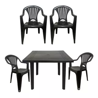 Mesa Desmontável Quadrada + 4 Cadeira Poltrona Área Lazer Cor Preto