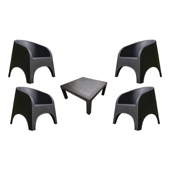 Sillones Simil Ratan Alejo Jardín + Mesa Ratona 90x90 Pack 4