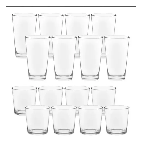 Juego Vasos De Vidrio Lisos 8 Pz 384ml + 8 Pz 473 Ml