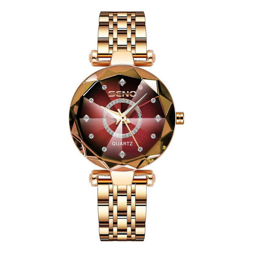 Reloj Impermeable Poligonal Con Esfera Diamante Para Mujer Color De La Correa Oro Rosa Color Del Bisel Oro Rosado Color Del Fondo Rojo