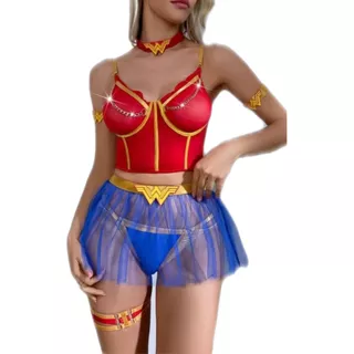 Sexy Conjunto Princesas Wonder Woman Tanga Minifalda Corset