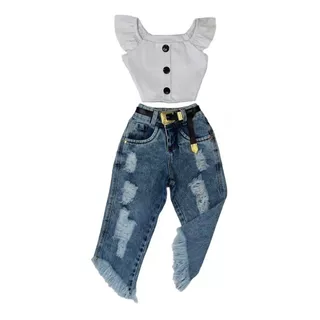 Conjunto Infantil Blogueirinha Cropped Calça Jeans Moda Luxo