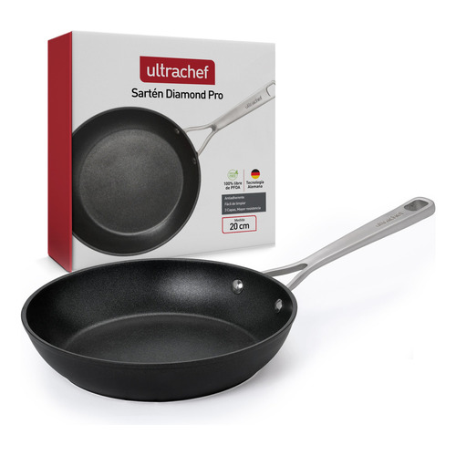 Sartén Antiadherente con Mango de Acero Inoxidable. Línea Diamond Pro Ultrachef. Revestimiento de Piedra de Alemania 100% libre de PFOA, para estufa de inducción, gas o eléctrica. Negro 20 cm