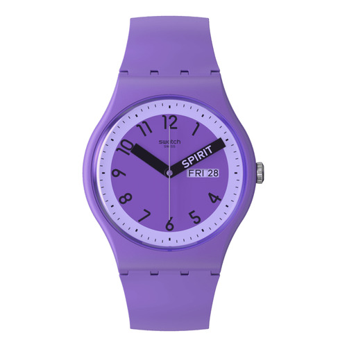 Reloj Swatch Proudly Violet Color De La Correa Púrpura Color Del Bisel Púrpura Color Del Fondo Blanco