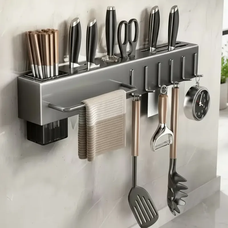 Suporte Parede Utensilios De Cozinha Aço Inox 6 Ganchos