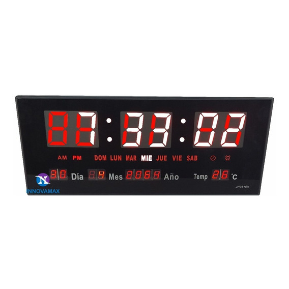 Reloj Digital De Pared 36x 15cm Termometro Calendario Alarma