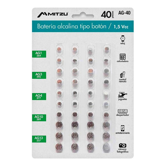 Kit  Baterías Alcalinas Tipo Botón Diferentes Tamaños Ag-40