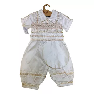 Ropon Beige Bautizo Niño Con Boina Y Cintilla Fina Costura