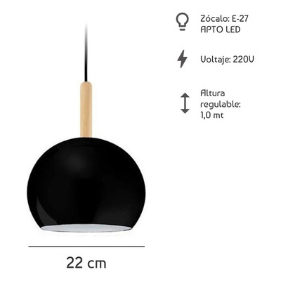 Colgante 1 Luz Bocha 22cm Negra Con Madera Luz Desing