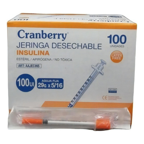 Jeringa Desechable Insulina Cranberry 29g X5/16 Caja X100 Capacidad En Volumen 1 Ml