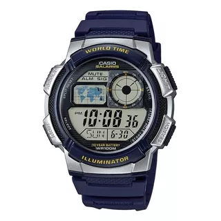 Reloj Pulsera Casio Youth Series Ae-1000 De Cuerpo Color Plateado, Digital, Para Hombre, Fondo Negro, Con Correa De Resina Color Azul, Dial Negro, Subesferas Color Gris, Minutero/segundero Negro, Bise